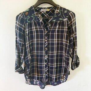 Figuerca & Flower Full Button Tie Blue Plaid Floral Blouse Shirt Top Tab PL L